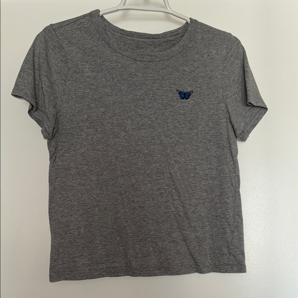 Gray Women's T-Shirt with Embroidered Blue Butterfly